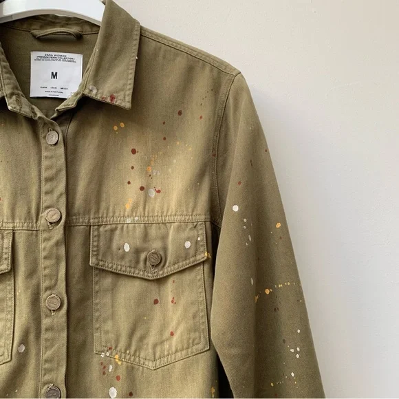 Zara khaki denim shacket chore shirt jacket paint splatter size medium - Picture 8 of 10